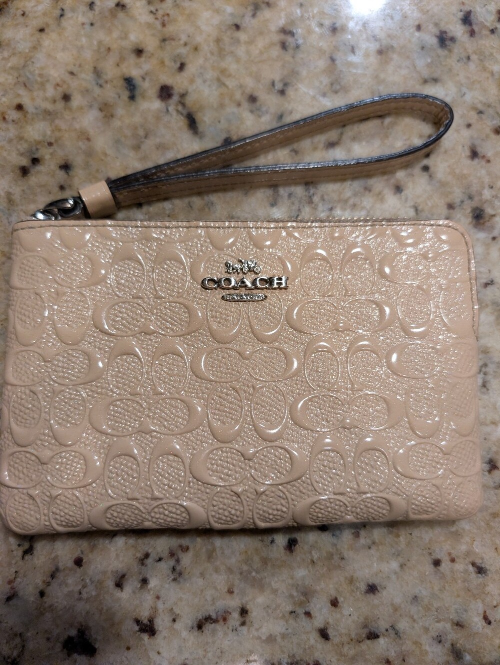 Coach Beige Signature Embossed Patent Leather Corner Zip Wristlet